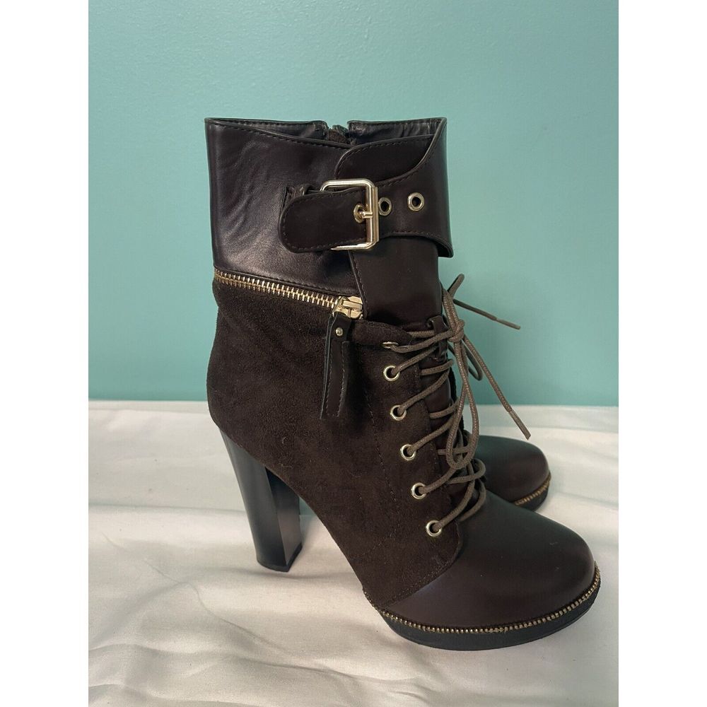 Italina Brown Suede Ankle Boots Gold Zipper and Buckle Size 7.5M